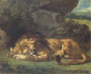 Eugene Delacroix Lion Devouring a Rabbit (mk05) oil